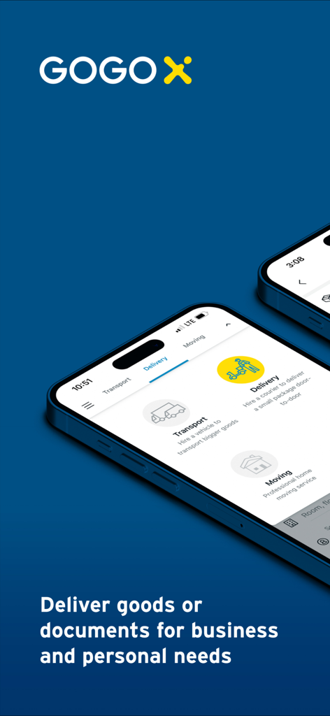 GoGoX(GoGoVan) - 24/7 Delivery - GoGoX mobile App-Oberfläche, die Transportliefer- und Umzugsdienstkategorien auf einem Smartphone anzeigt