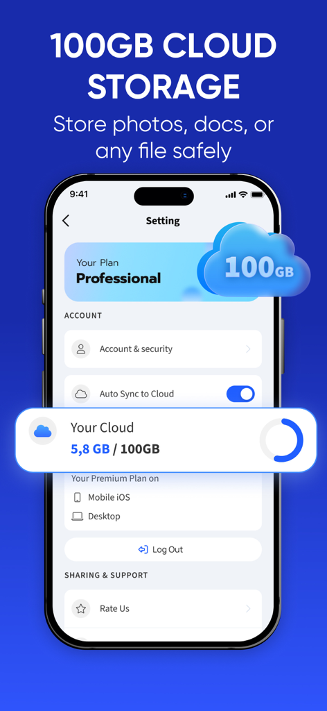 Smart Printer App - Air Print - Smart Printer App interface showing 100GB cloud storage for photos and documents with auto-sync feature