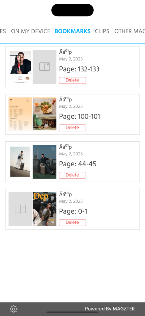 Bookmarks screen of the Dep Magazine app showing saved fashion and lifestyle articles with thumbnails