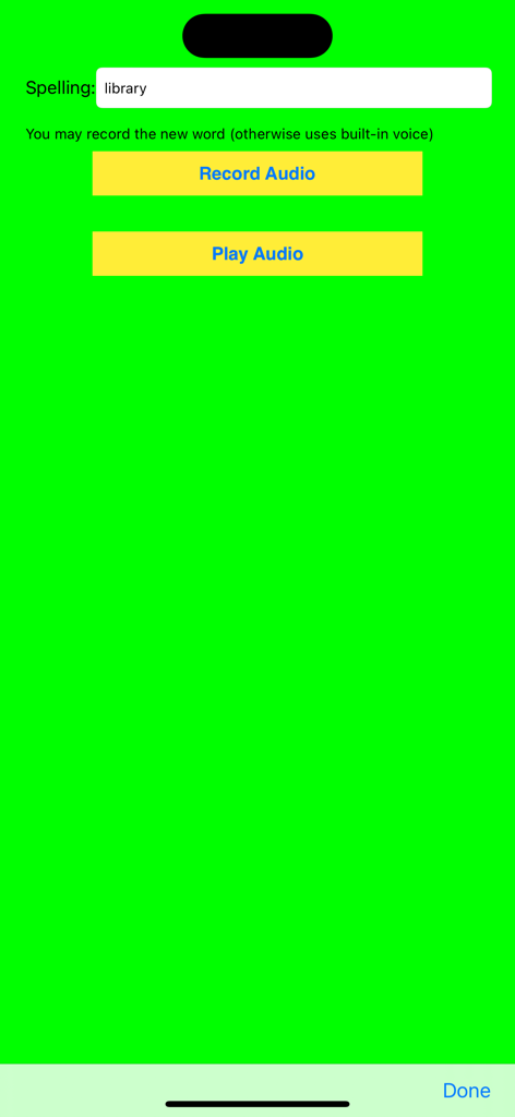 Spelling Hangman - Interface for entering a spelling word and recording custom audio for a practice test