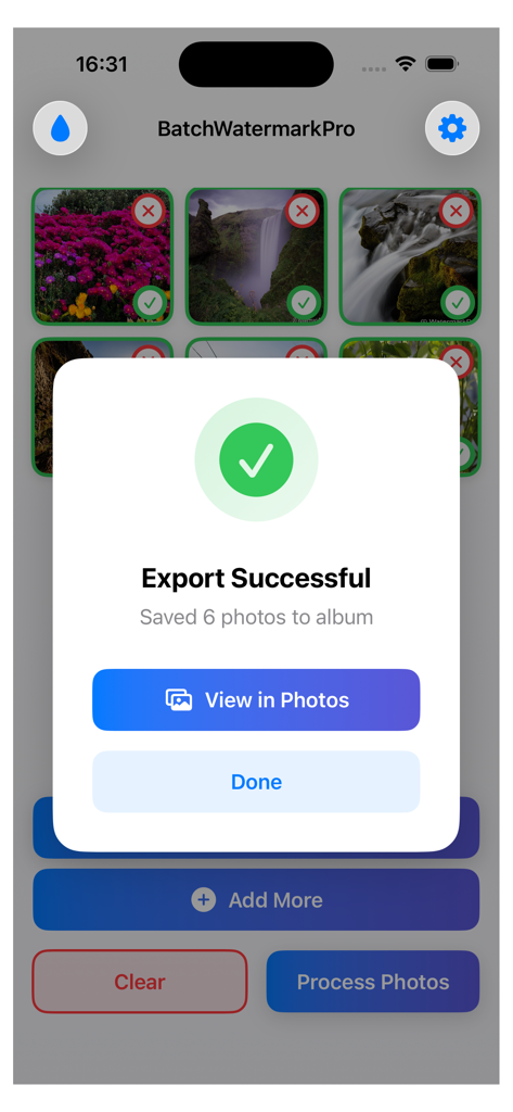 BatchWatermarkPro - BatchWatermarkPro export success message after processing 6 photos