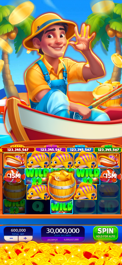 Una interfaz de juego de máquina tragaperras de temática de pesca con un personaje pescador y una gran victoria de bote