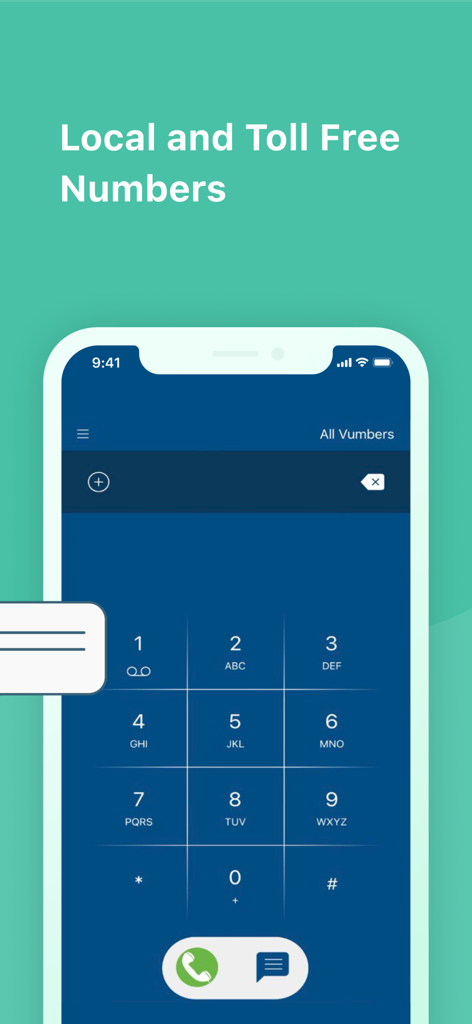 Smartphone screen displaying the Vumber app dial pad and local or toll free number features.
