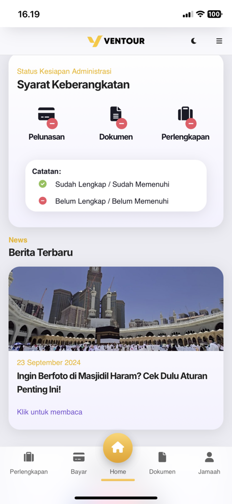 Ventour Mobile - Ventour Mobile app dashboard showing departure requirements and pilgrimage news.