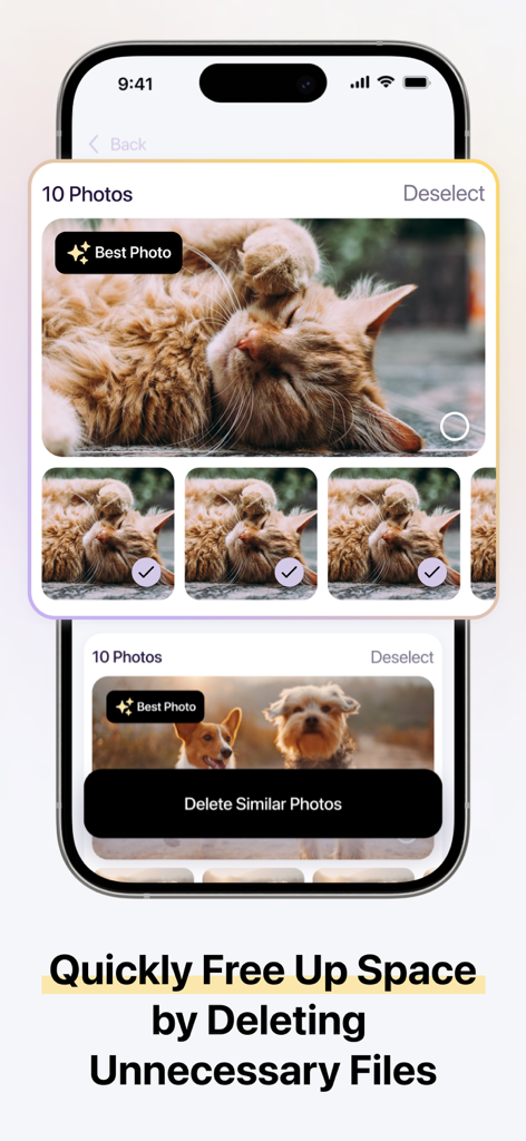 Sparkle - Cleaner App - Interface of the Sparkle Cleaner app identifying similar photos of a cat to help users quickly free up storage space.