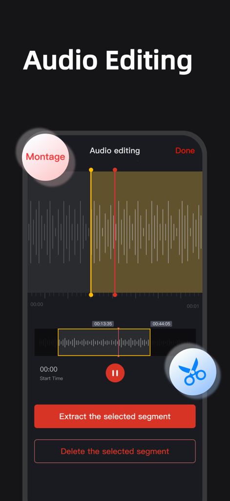 Voice Recorder - Transcript - Interfaz de una aplicación móvil que muestra herramientas de edición de forma de onda de audio para extraer o eliminar segmentos.