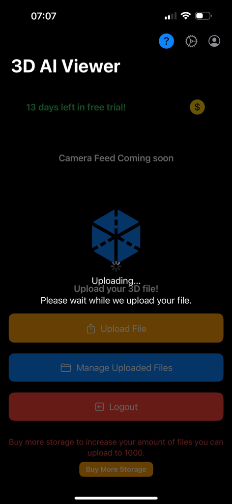 3D STL/OBJ Viewer - Interfaz de la aplicación Visor 3D AI que muestra la pantalla de progreso de carga de archivos y botones de gestión de archivos