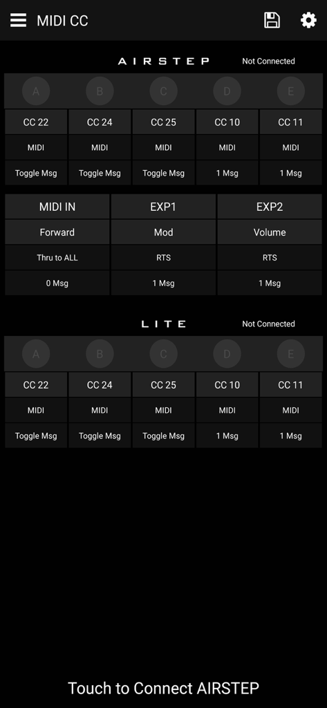 AIRSTEP - Aplicação móvel AIRSTEP mostrando configurações de pedal de expressão e MIDI CC