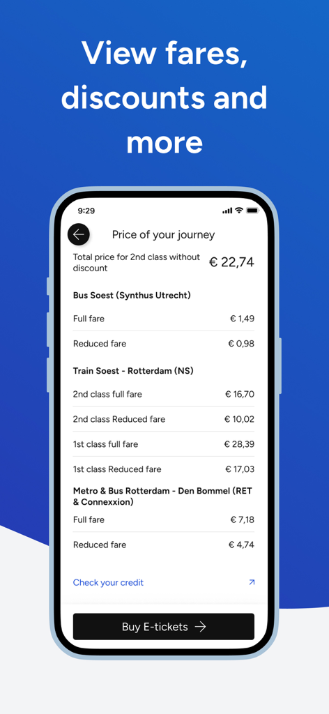 A smartphone showing a breakdown of travel costs for buses, trains, and metros in the Netherlands within the 9292 app.