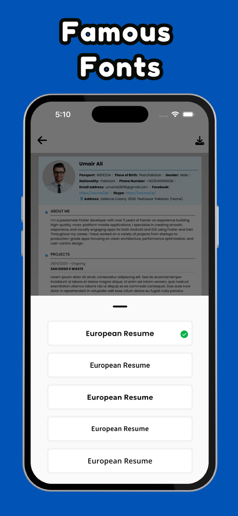 La pantalla de un iPhone mostrando el menú de selección de fuentes de la aplicación Europass Resume para personalizar un CV.