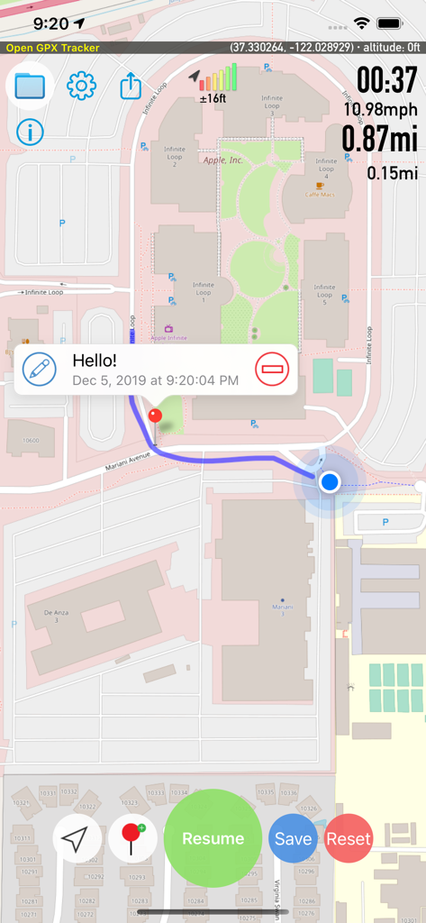 Interfaz de mapa de Open GPX Tracker que muestra rastreo GPS en tiempo real y creación de waypoints