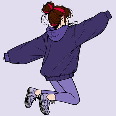 realistic girl jumping with a bun and oversized sweatshirt