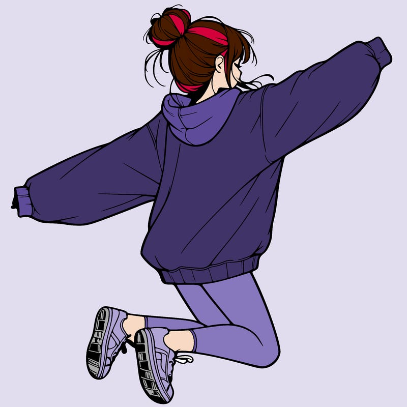 realistic girl jumping with a bun and oversized sweatshirt