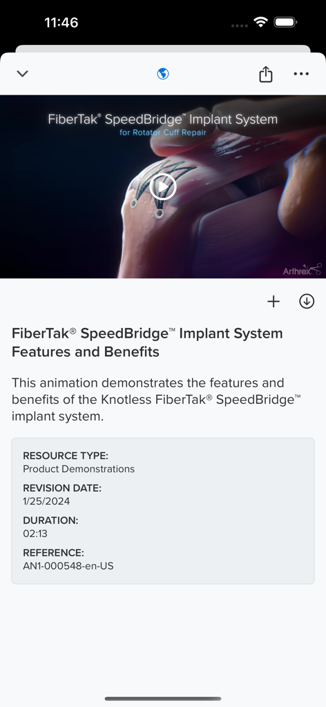 Arthrex Rep app showing a product demonstration for the FiberTak SpeedBridge Implant System