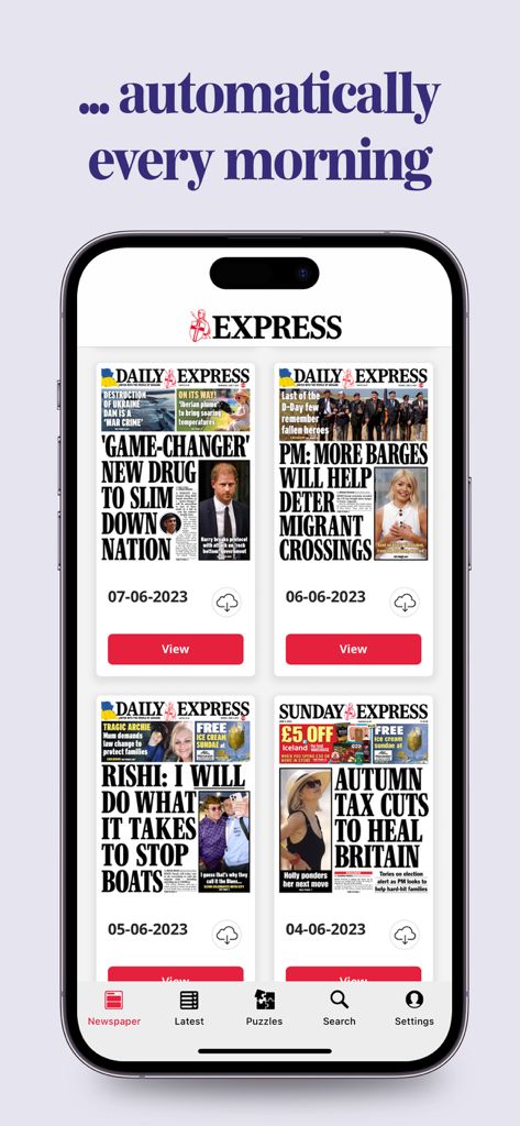 Aplicación móvil Daily Express que muestra un archivo digital de ediciones de periódicos con titulares de portada en un iPhone.