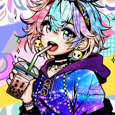 hot baddie anime girl drinking boba and biting the straw