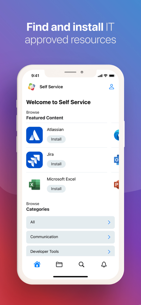 Captura de tela do aplicativo Jamf Self Service mostrando aplicativos empresariais aprovados pelo TI como Jira e Microsoft Excel prontos para instalação em um dispositivo móvel