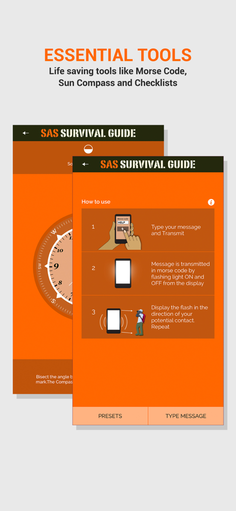 SAS Survival Guide - SAS Survival Guide app showing essential tools including a Morse Code transmitter and a Sun Compass.