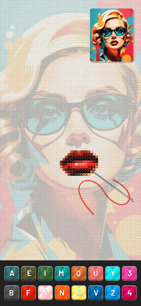 Cross Stitch: Pixel Art - Una interfaz de punto de cruz digital que muestra a una mujer de pop art siendo coloreada con una aguja e hilo virtuales