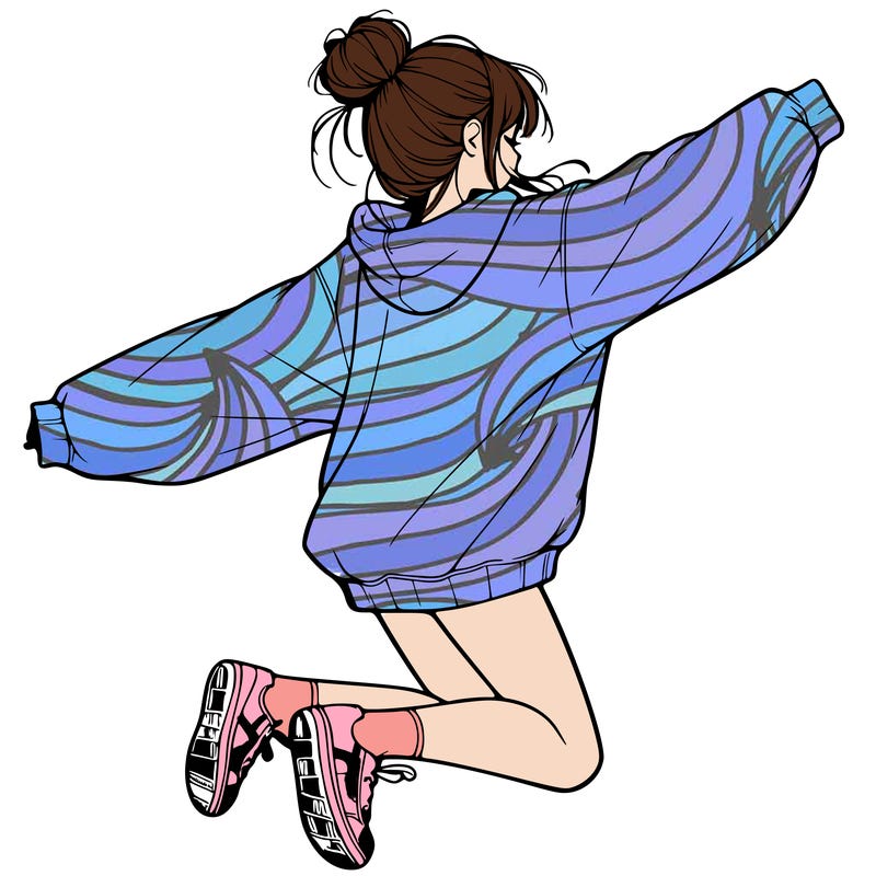 realistic girl jumping with a bun and oversized sweatshirt