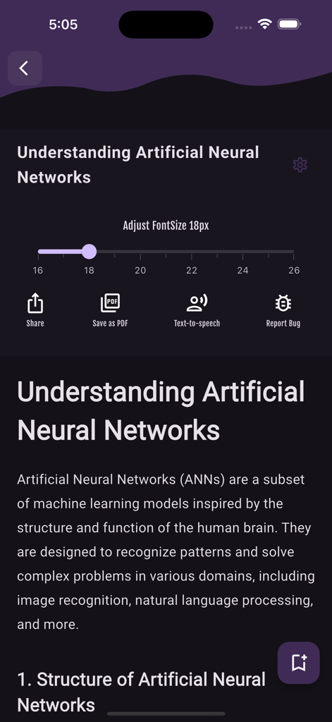 Learn Pytorch - Interfaz de tutorial para Comprender las Redes Neuronales Artificiales en la aplicación Learn PyTorch con iconos de texto a voz y exportación de PDF.