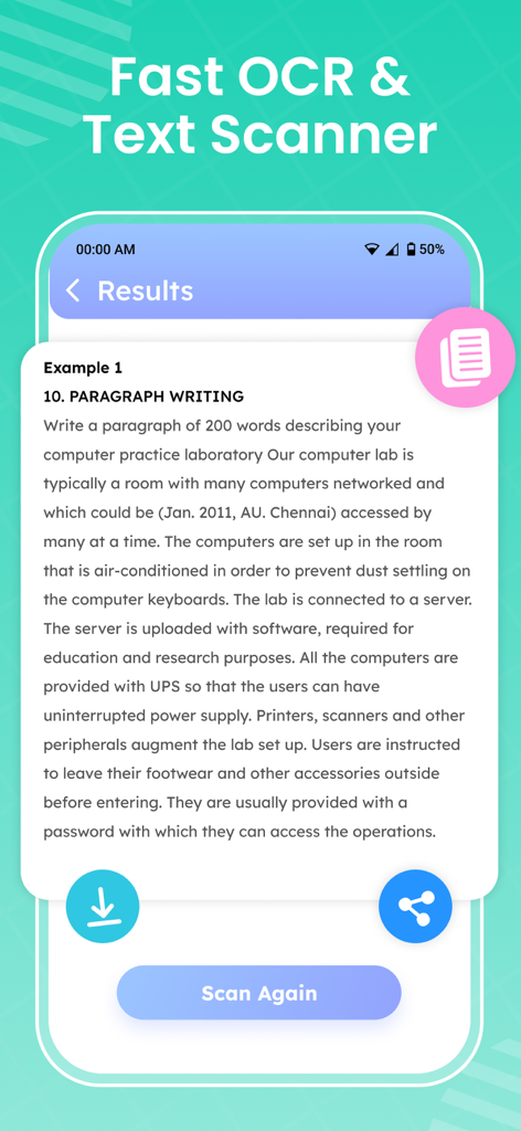 Image to Text: PDF Scanner App - 画像からテキストへのアプリのインターフェース。OCRの結果と、抽出されたテキストをダウンロードまたは共有するオプションが表示されています