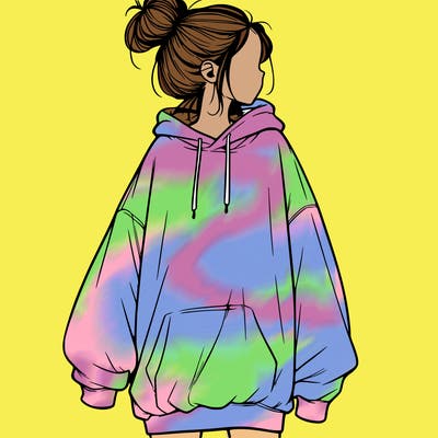 realistic girl with a oversized sweatshirt on and a bun