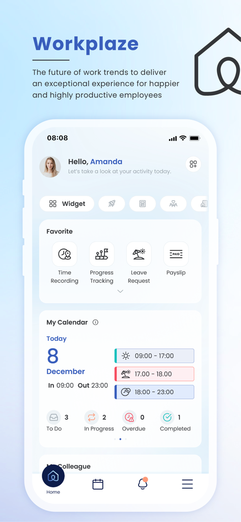 Panel de control de la aplicación móvil Workplaze que muestra herramientas de autoservicio para empleados y seguimiento de tareas