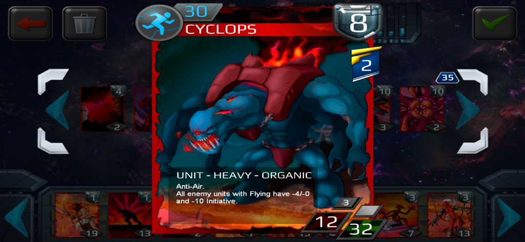 BSoD CCG - BSoD CCG gameplay screenshot showing the Cyclops heavy organic unit card with stats and abilities