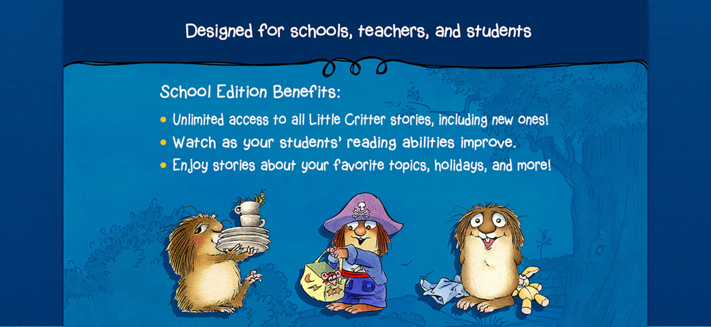 LC Library - School Edition - Screenshot showing the benefits of LC Library School Edition for teachers and students featuring Little Critter characters