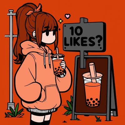 girl with oversized hoodie drinking boba and she has a high ponytail with a sign that says 10likes?