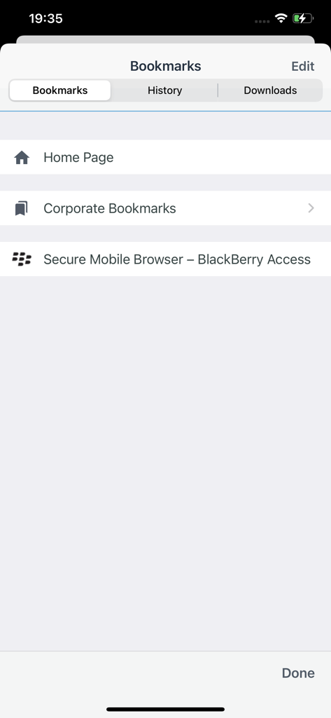 BlackBerry Access - The Bookmarks interface in the BlackBerry Access app showing options for Home Page, Corporate Bookmarks, and history.