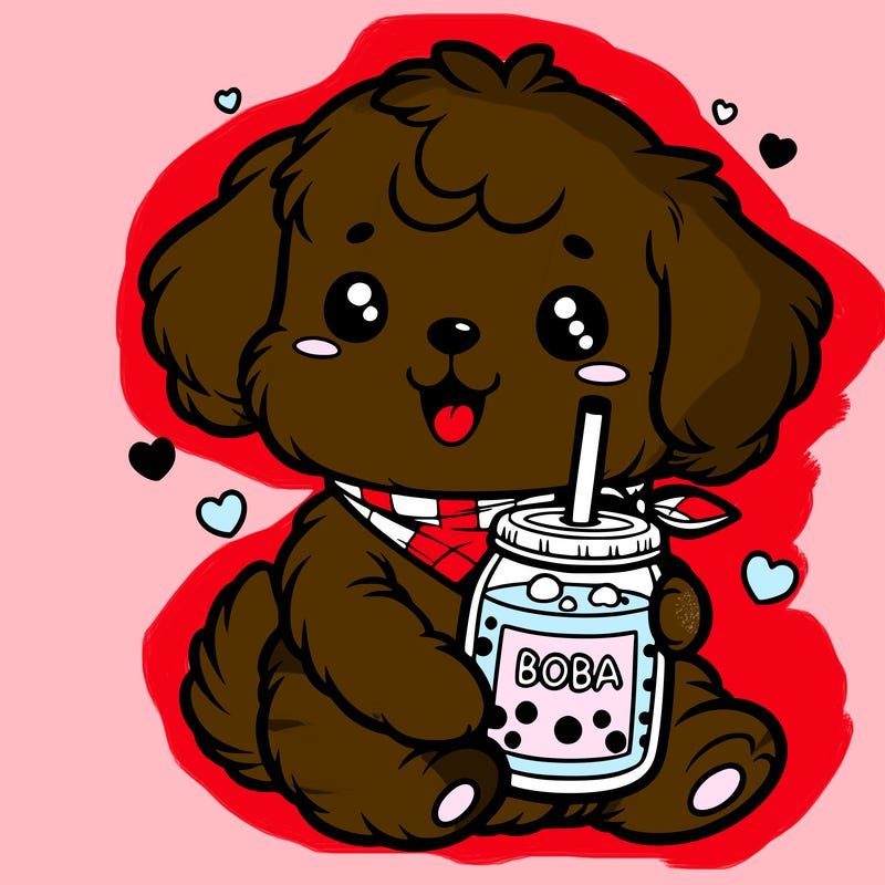 a cute puppy holding boba