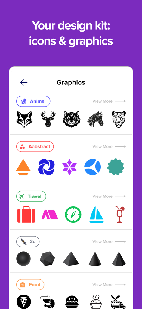 Logo Maker - Create Logo - Interface of the Logo Maker app showing a collection of icons and graphics categorized by themes like animals, abstract shapes, travel, and food.
