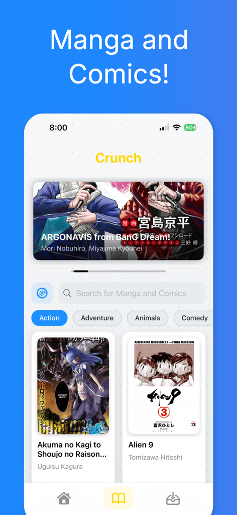 Crunch - Manga and Comics - Mobile interface of Crunch Manga and Comics app showing the home screen library and genre filters