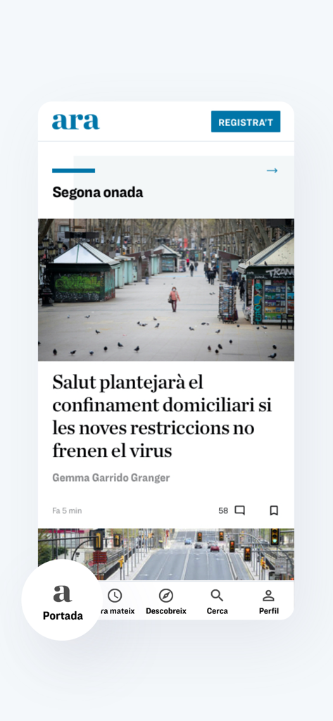 Diari ARA - Main news feed of the Diari ARA app showing the cover section with headlines in Catalan.