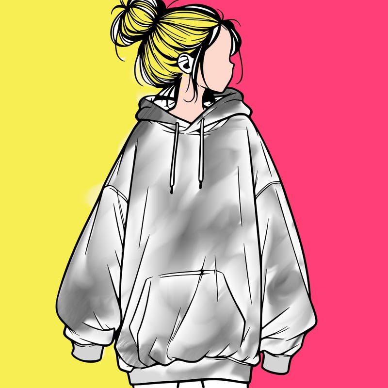 realistic girl with a oversized sweatshirt on and a bun