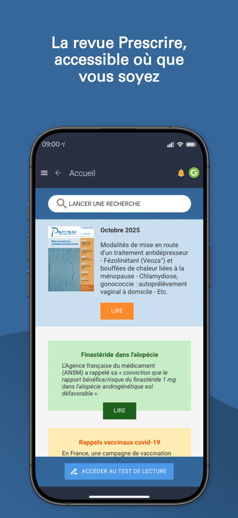Application Prescrire - Startbildschirm der medizinischen Anwendung Prescrire mit klinischen Artikeln und einer Suchleiste