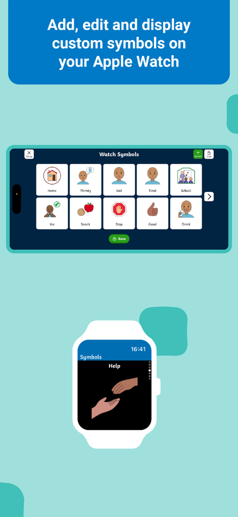 Twinkl Symbols AAC System - Interface montrant comment ajouter et modifier des symboles de communication sur un smartphone pour les afficher sur une Apple Watch.