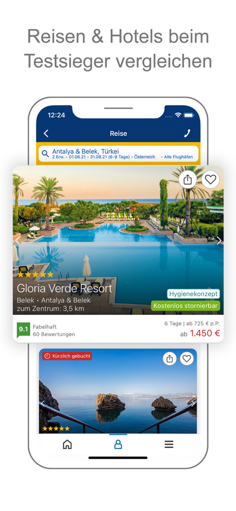 CHECK24 Österreich - Interface of CHECK24 Austria app showing hotel and travel booking options