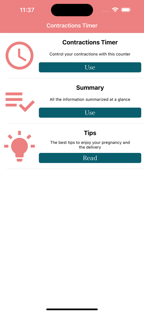 Main menu screen of the Contraction Timer and Counter app featuring sections for timer summary and pregnancy tips
