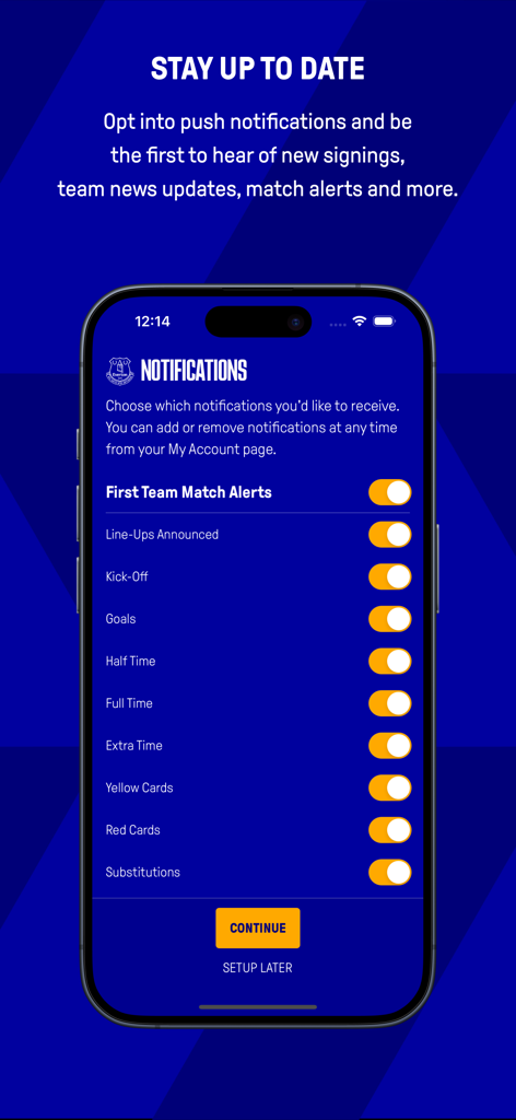 Everton - Everton mobile app screen showing push notification settings for match alerts and team news