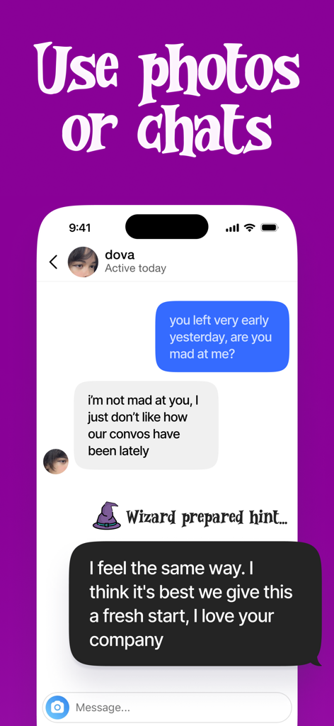 Social Wizard - up ur game - Screenshot of Social Wizard app showing an AI generated reply hint for a messaging conversation