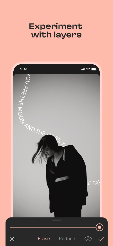 AppForType interface showing text layered behind a woman in a photo using the layers tool