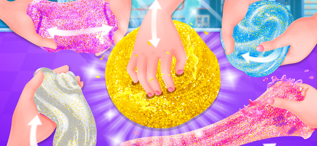 Hands stretching and pressing colorful glittery slimes in a digital DIY kit