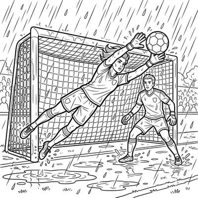 Experience the excitement of a rainy day soccer game with this dynamic coloring page featuring determined goalkeepers. Perfect for young athletes and sports enthusiasts ready to bring the action to life with their favorite colors.