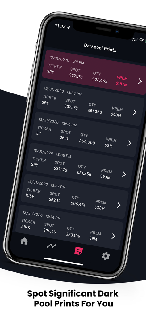 Mobile interface of OptionsFlow app displaying significant dark pool prints and institutional trading volume