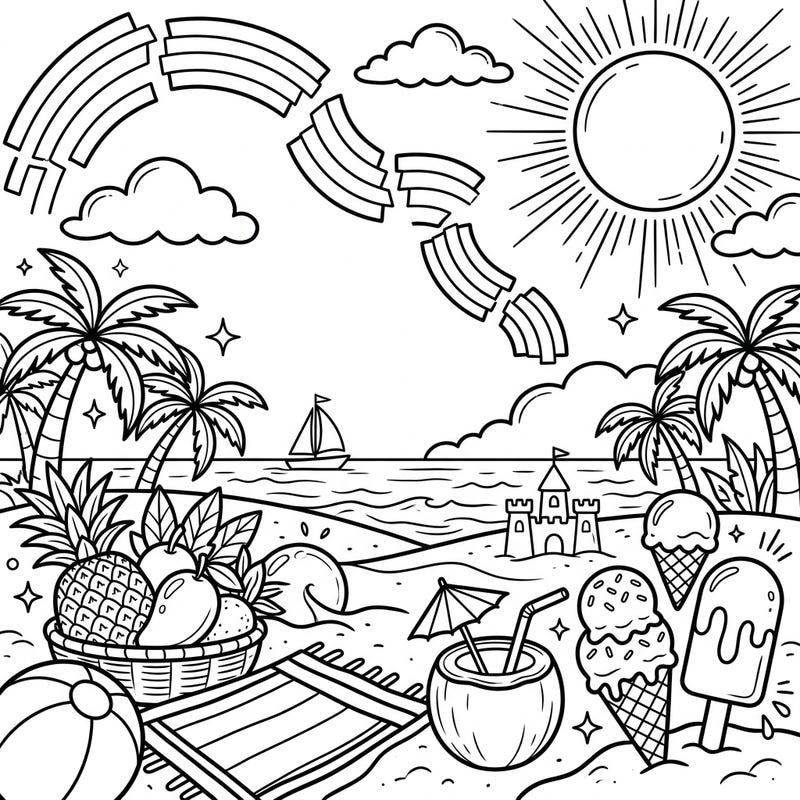 Immerse yourself in a delightful summer scene featuring a vibrant beach, an array of tropical treats, and enchanting broken rainbows dancing across the sky. This intricate coloring page offers a perfect escape for adults and teens seeking a relaxing and creative activity.