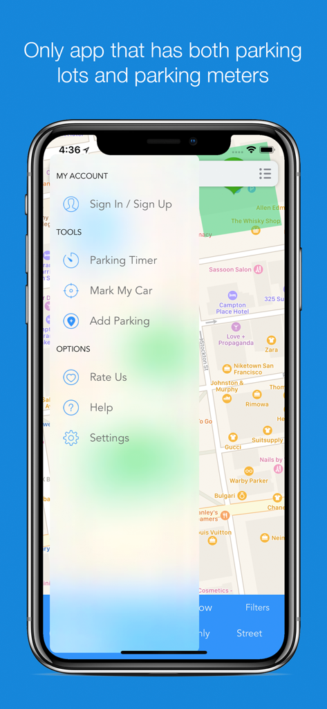 ParkMe Parking app interface highlighting the menu with parking timer and car location tools