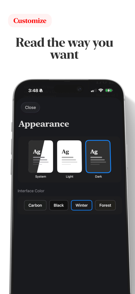 Appearance settings in the Quill app for selecting light or dark reading modes